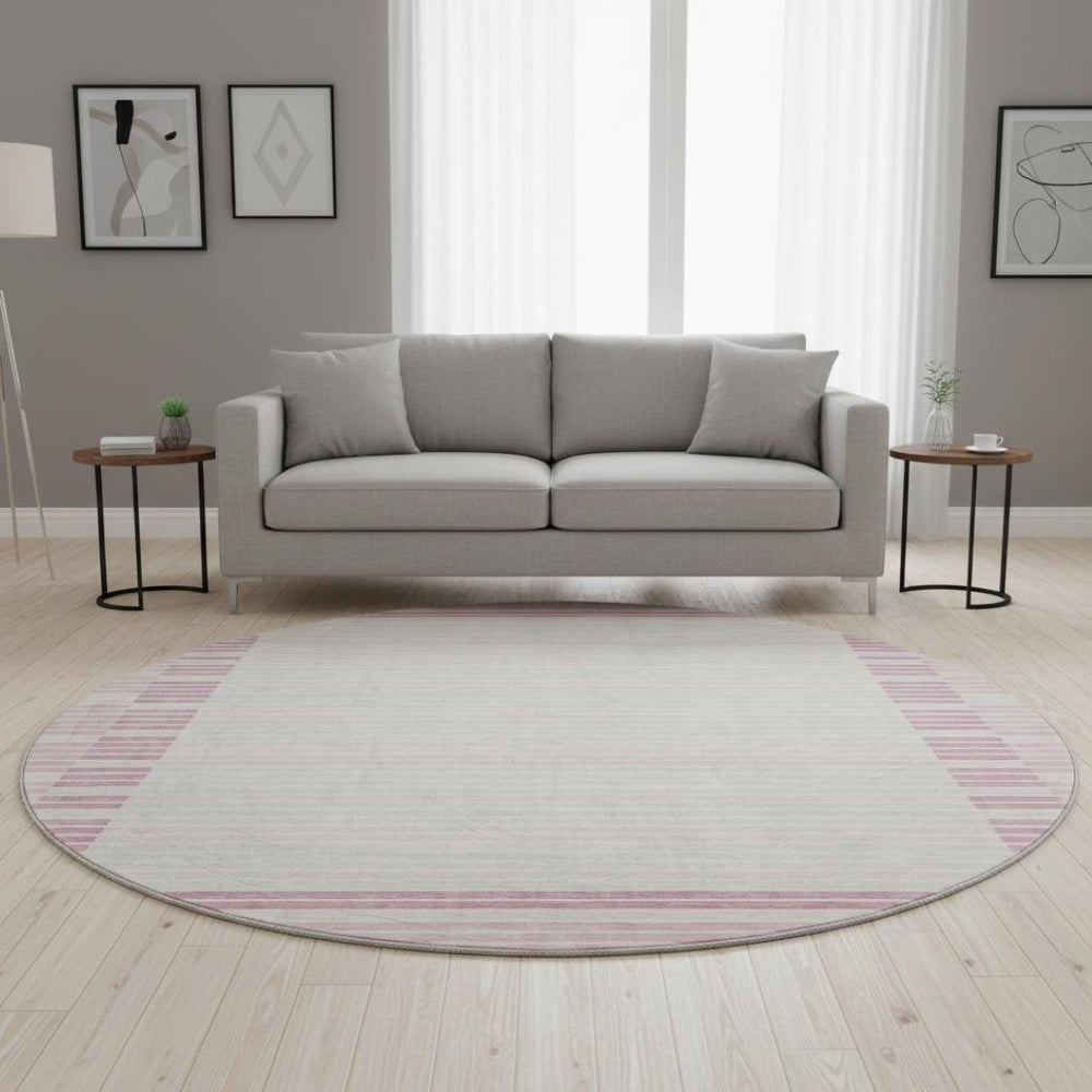 HomeRoots 8' X 8' Washable Round Rug in Pink, Ivory & Mauve Stripes - UV Protection, Stain Resistant, Stylish & Durable 693489