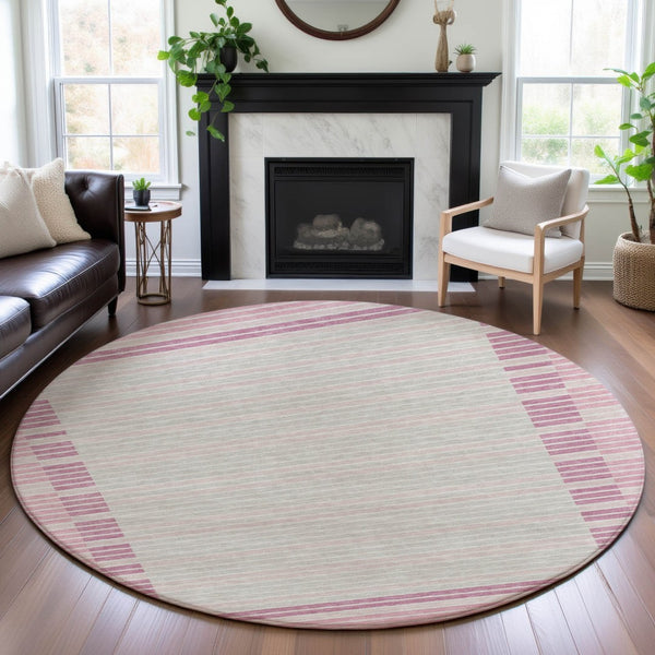 HomeRoots 8' X 8' Washable Round Rug in Pink, Ivory & Mauve Stripes - UV Protection, Stain Resistant, Stylish & Durable 693489