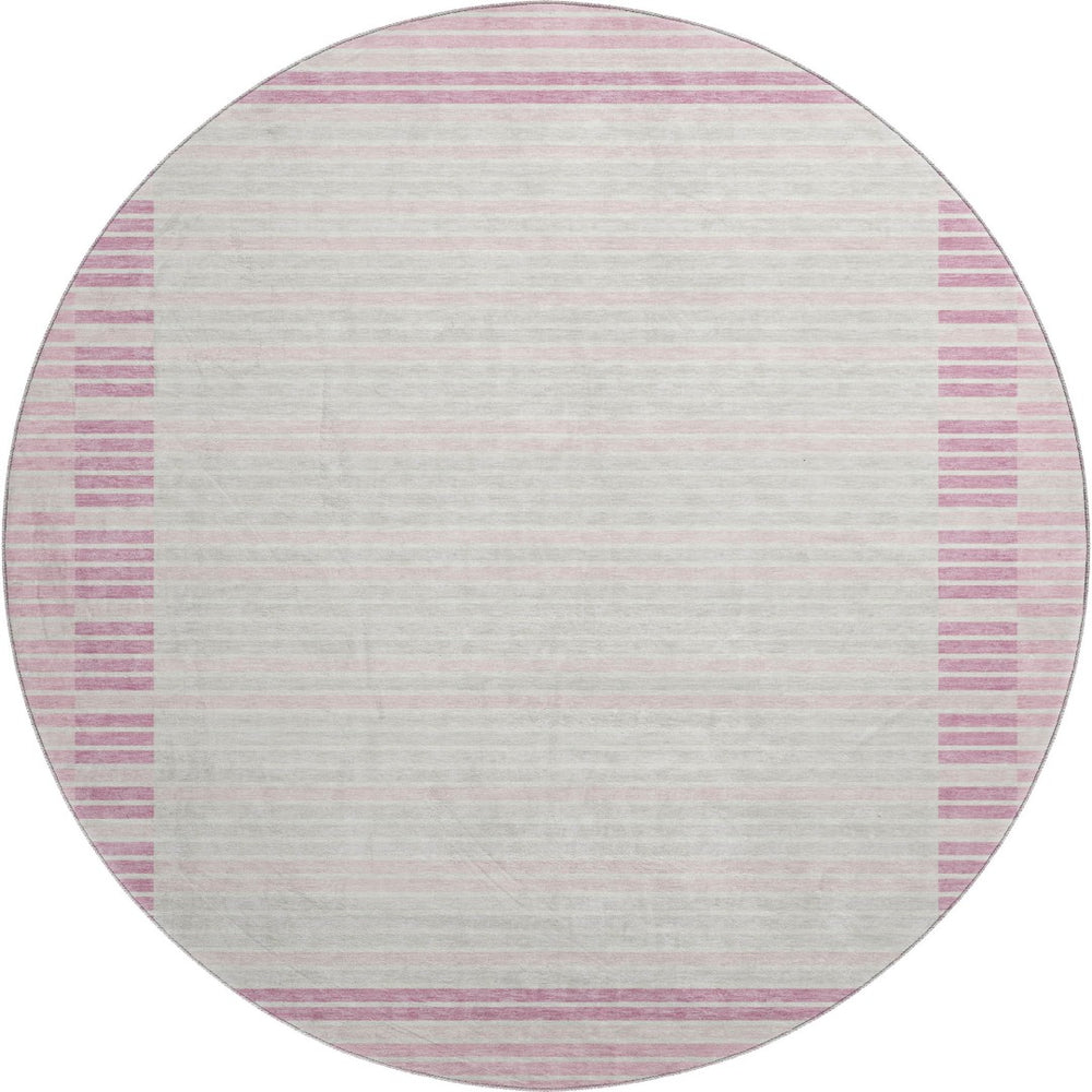 HomeRoots 8' X 8' Washable Round Rug in Pink, Ivory & Mauve Stripes - UV Protection, Stain Resistant, Stylish & Durable 693489
