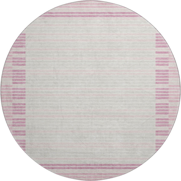 HomeRoots 8' X 8' Washable Round Rug in Pink, Ivory & Mauve Stripes - UV Protection, Stain Resistant, Stylish & Durable 693489
