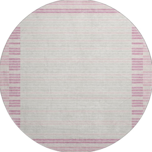 HomeRoots 8' X 8' Washable Round Rug in Pink, Ivory & Mauve Stripes - UV Protection, Stain Resistant, Stylish & Durable 693489