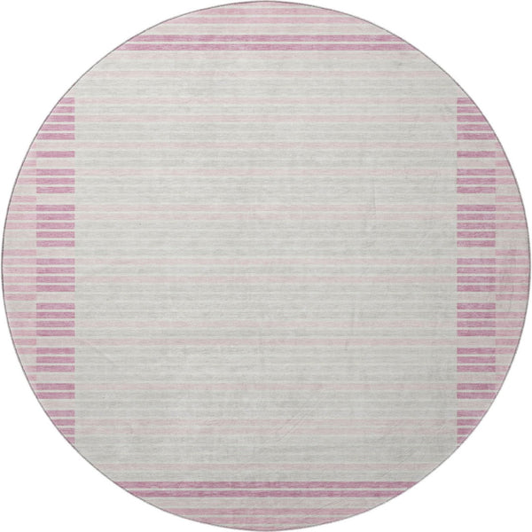 HomeRoots 8' X 8' Washable Round Rug in Pink, Ivory & Mauve Stripes - UV Protection, Stain Resistant, Stylish & Durable 693489