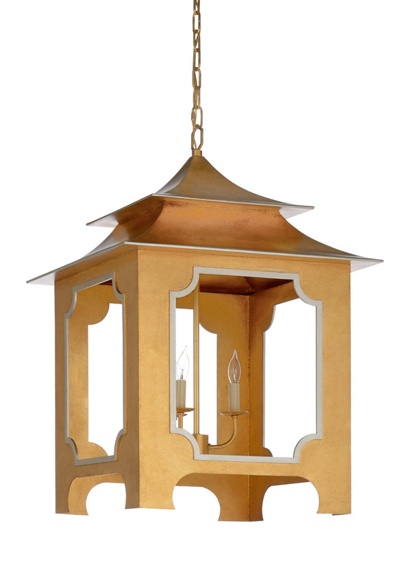 Chelsea House Tole Handpainted Pagoda Lantern In Antique Gold Leaf With Silver Trim — 33" Statement Pendant Light 69349