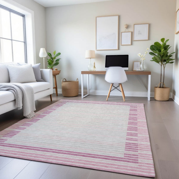 HomeRoots 9' X 12' Washable Striped Area Rug in Pink, Ivory & Mauve - Durable, UV Protected & Stylish Design 693491