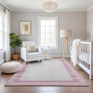 HomeRoots 9' X 12' Washable Striped Area Rug in Pink, Ivory & Mauve - Durable, UV Protected & Stylish Design 693491