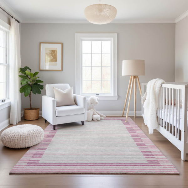 HomeRoots 9' X 12' Washable Striped Area Rug in Pink, Ivory & Mauve - Durable, UV Protected & Stylish Design 693491