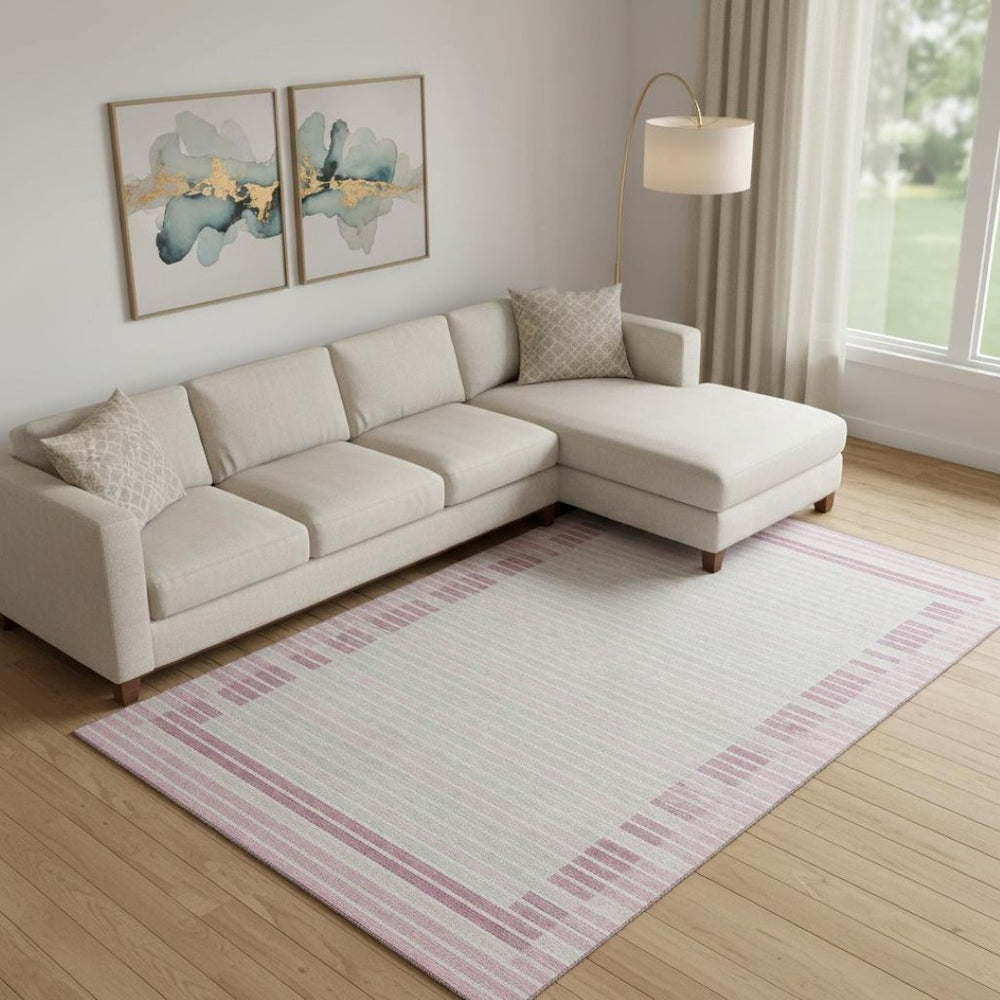 HomeRoots 10' X 14' Striped Washable Area Rug in Pink, Ivory & Mauve – UV Protected for High-Traffic Homes 693492