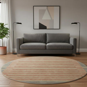 HomeRoots 8' Round Washable Rug in Pewter, Salmon & Gold Stripes - UV Protected, Durable & Stylish for Any Room 693495