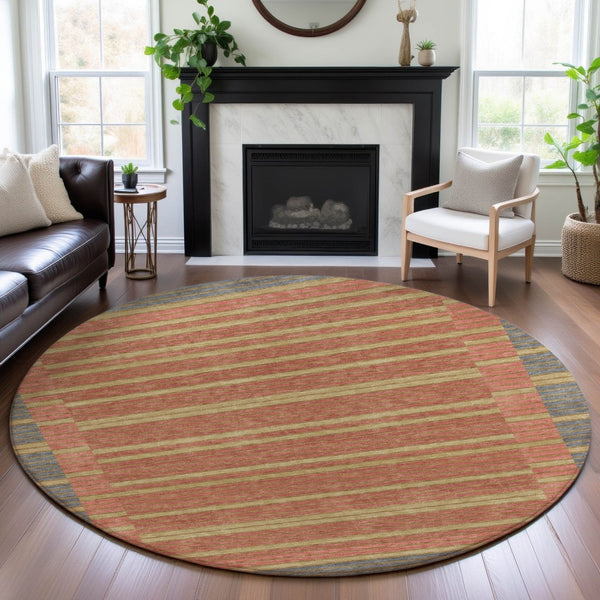 HomeRoots 8' Round Washable Rug in Pewter, Salmon & Gold Stripes - UV Protected, Durable & Stylish for Any Room 693495