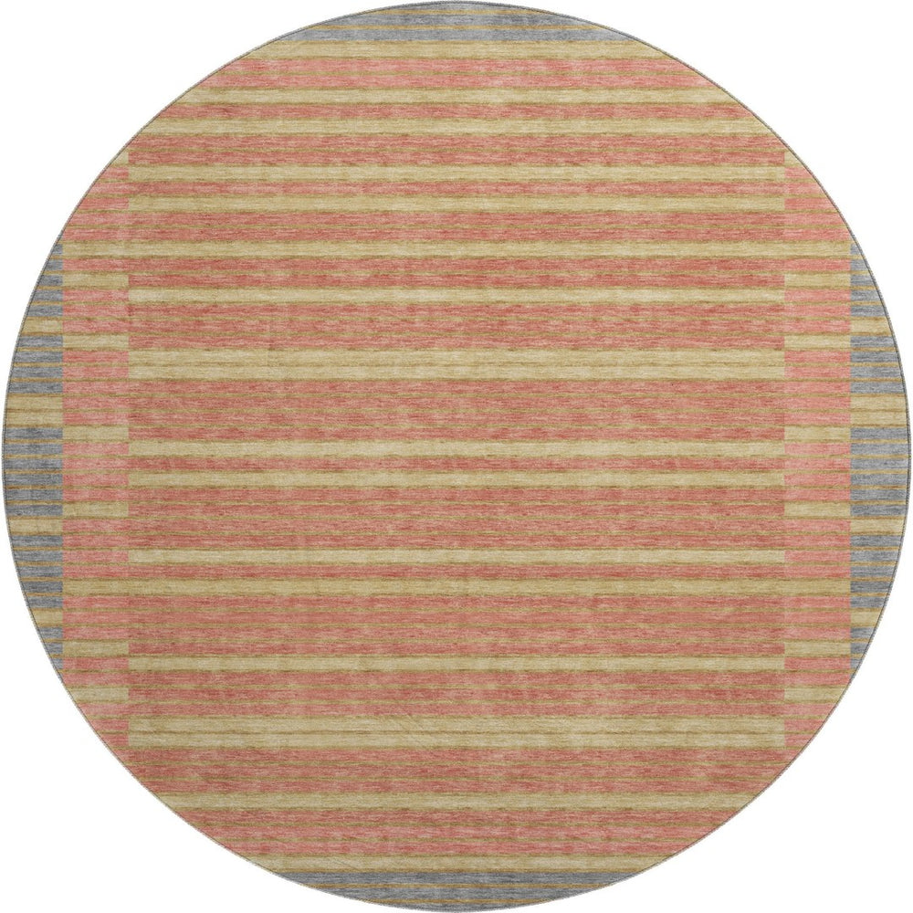 HomeRoots 8' Round Washable Rug in Pewter, Salmon & Gold Stripes - UV Protected, Durable & Stylish for Any Room 693495