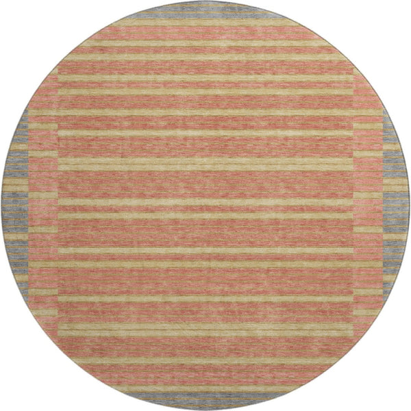 HomeRoots 8' Round Washable Rug in Pewter, Salmon & Gold Stripes - UV Protected, Durable & Stylish for Any Room 693495