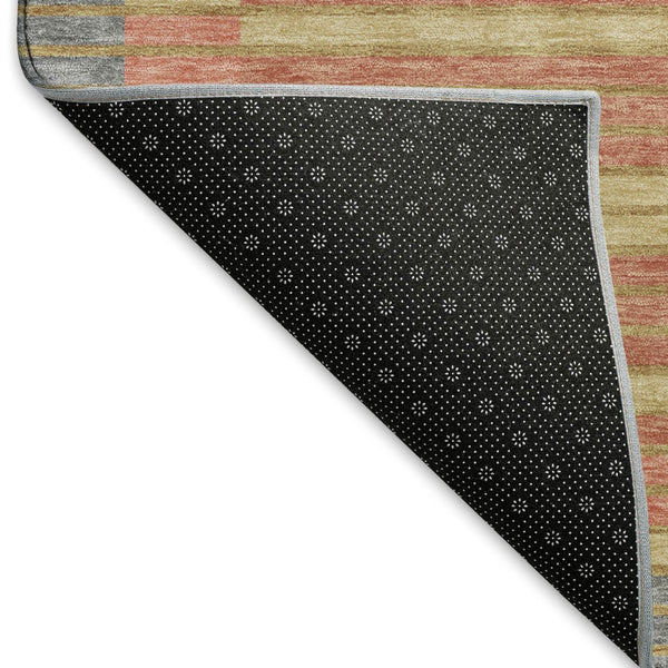 HomeRoots 8' Round Washable Rug in Pewter, Salmon & Gold Stripes - UV Protected, Durable & Stylish for Any Room 693495