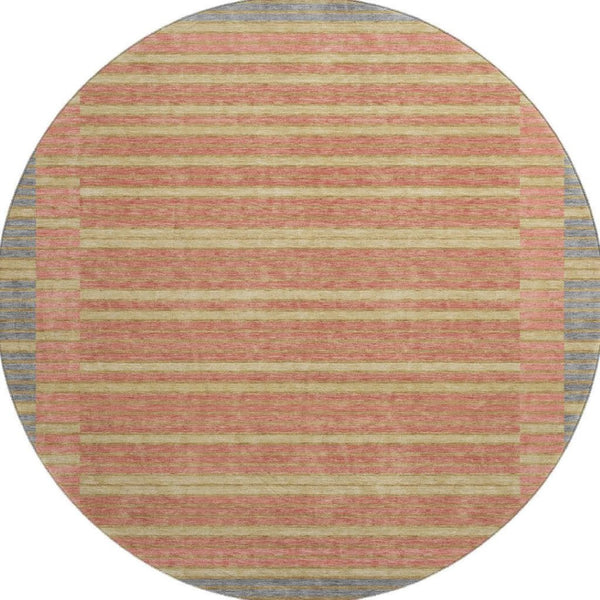 HomeRoots 8' Round Washable Rug in Pewter, Salmon & Gold Stripes - UV Protected, Durable & Stylish for Any Room 693495