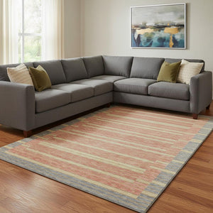 HomeRoots 8' Striped Washable Area Rug in Pewter, Salmon & Gold - Durable, UV Protected, Non-Slip Design! 693496