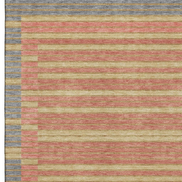 HomeRoots 8' Striped Washable Area Rug in Pewter, Salmon & Gold - Durable, UV Protected, Non-Slip Design! 693496
