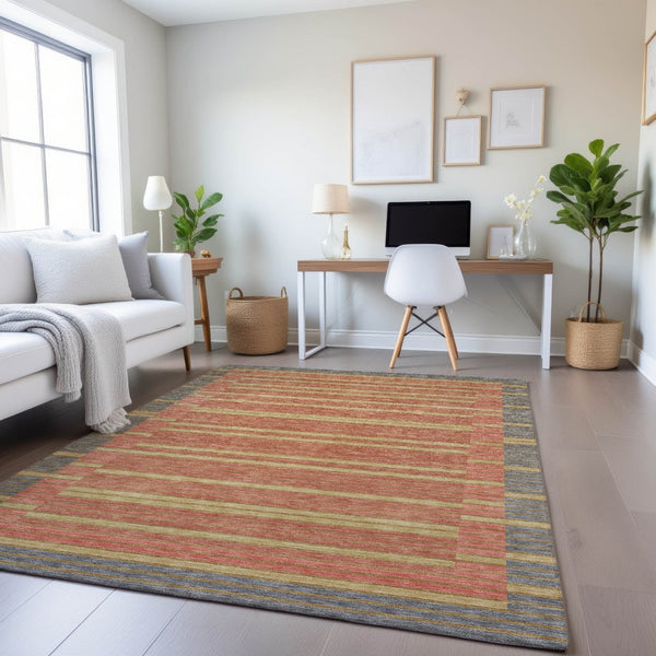 HomeRoots 9' X 12' Striped Washable Area Rug in Pewter, Salmon, and Gold with UV Protection for Modern Homes 693497