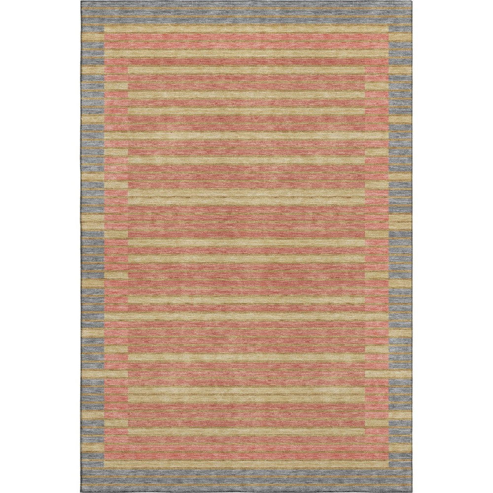 HomeRoots 9' X 12' Striped Washable Area Rug in Pewter, Salmon, and Gold with UV Protection for Modern Homes 693497