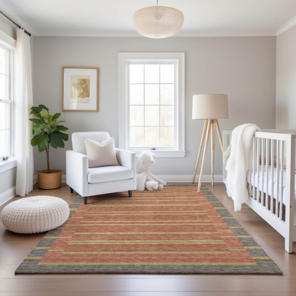 HomeRoots 9' X 12' Striped Washable Area Rug in Pewter, Salmon, and Gold with UV Protection for Modern Homes 693497