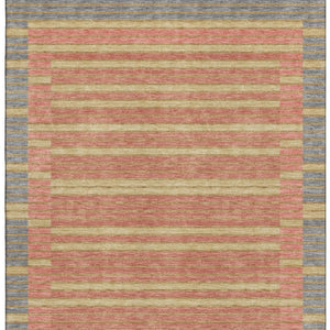 HomeRoots 9' X 12' Striped Washable Area Rug in Pewter, Salmon, and Gold with UV Protection for Modern Homes 693497