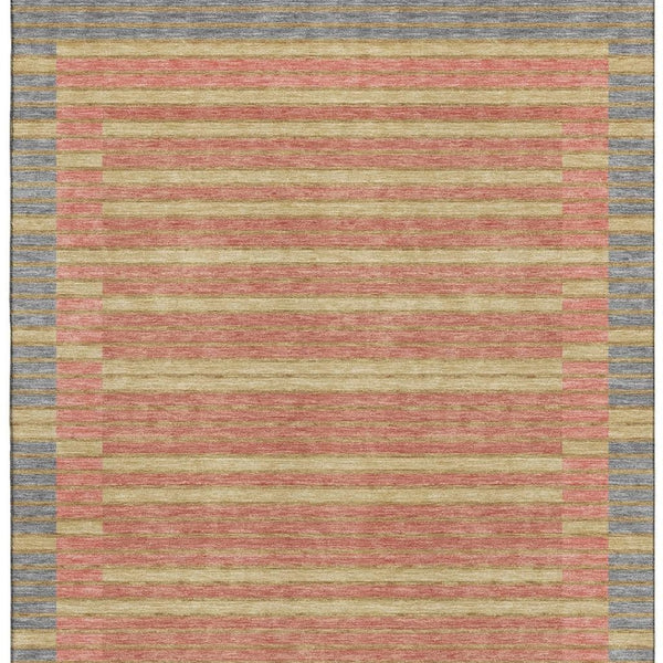 HomeRoots 9' X 12' Striped Washable Area Rug in Pewter, Salmon, and Gold with UV Protection for Modern Homes 693497
