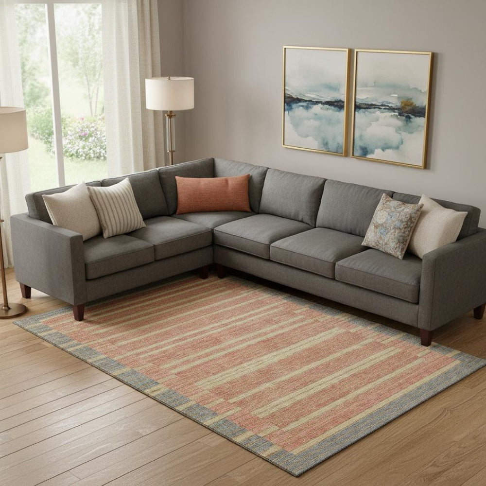 HomeRoots 10' X 14' Stylish Pewter Salmon & Gold Striped Washable Area Rug – Durable, UV Protected & Easy Care! 693498