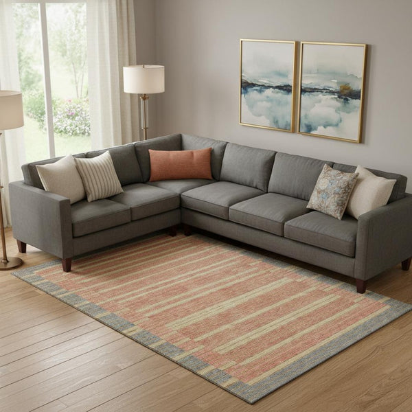 HomeRoots 10' X 14' Stylish Pewter Salmon & Gold Striped Washable Area Rug – Durable, UV Protected & Easy Care! 693498