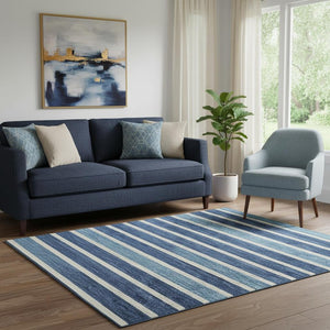 HomeRoots 5' X 8' Striped Washable Area Rug in Sky Blue, Ivory & Navy - UV Protected & Stain Resistant Charm 693500
