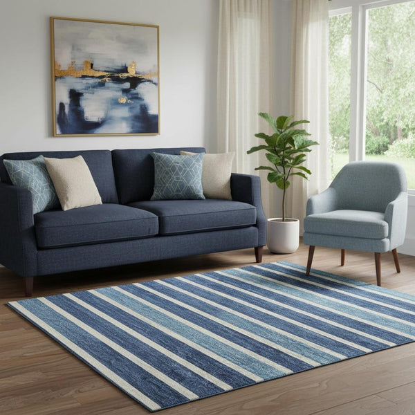 HomeRoots 5' X 8' Striped Washable Area Rug in Sky Blue, Ivory & Navy - UV Protected & Stain Resistant Charm 693500