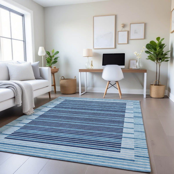 HomeRoots 5' X 8' Striped Washable Area Rug in Sky Blue, Ivory & Navy - UV Protected & Stain Resistant Charm 693500
