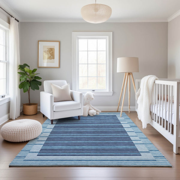 HomeRoots 5' X 8' Striped Washable Area Rug in Sky Blue, Ivory & Navy - UV Protected & Stain Resistant Charm 693500