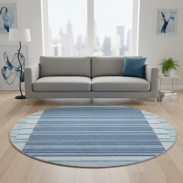 HomeRoots 8' X 8' Striped Washable Round Rug in Sky Blue & Navy - UV Protected, Durable for Homes with Kids & Pets 693501