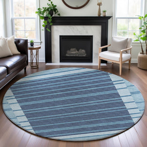 HomeRoots 8' X 8' Striped Washable Round Rug in Sky Blue & Navy - UV Protected, Durable for Homes with Kids & Pets 693501