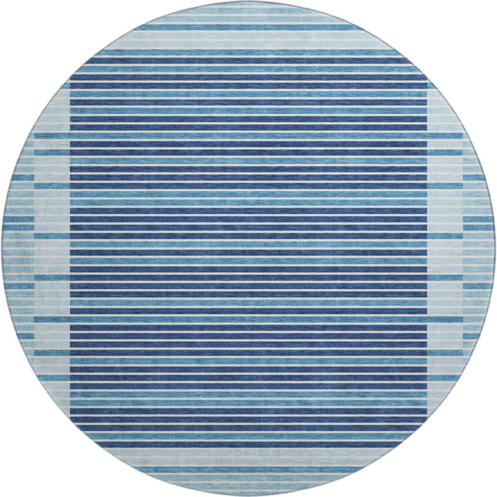 HomeRoots 8' X 8' Striped Washable Round Rug in Sky Blue & Navy - UV Protected, Durable for Homes with Kids & Pets 693501