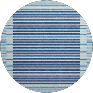 HomeRoots 8' X 8' Striped Washable Round Rug in Sky Blue & Navy - UV Protected, Durable for Homes with Kids & Pets 693501