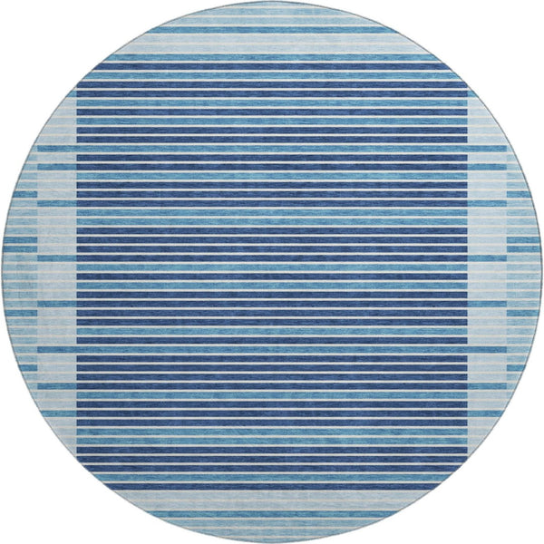 HomeRoots 8' X 8' Striped Washable Round Rug in Sky Blue & Navy - UV Protected, Durable for Homes with Kids & Pets 693501