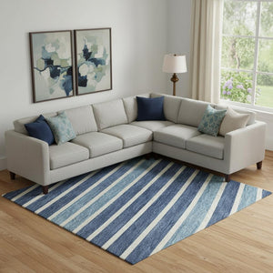 HomeRoots 9' X 12' Striped Washable Area Rug in Sky Blue, Ivory & Navy - Durable, UV Protected & Stylish 693503