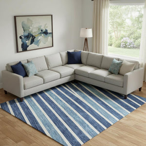 HomeRoots 10' X 14' Sky Blue, Ivory & Navy Striped Area Rug - Durable, Washable with UV Protection & Non-Slip Backing 693504