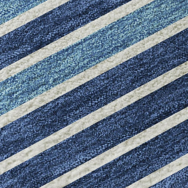HomeRoots 10' X 14' Sky Blue, Ivory & Navy Striped Area Rug - Durable, Washable with UV Protection & Non-Slip Backing 693504