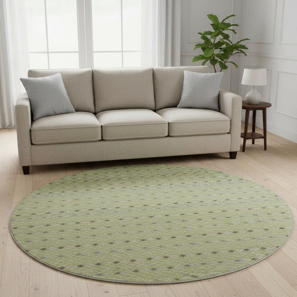 HomeRoots 8' Round Washable Artichoke Green Gray Silver Striped Area Rug with UV Protection for Homes 693507
