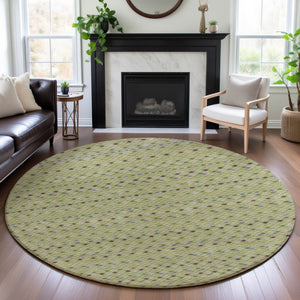 HomeRoots 8' Round Washable Artichoke Green Gray Silver Striped Area Rug with UV Protection for Homes 693507