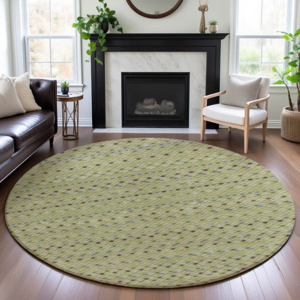 HomeRoots 8' Round Washable Artichoke Green Gray Silver Striped Area Rug with UV Protection for Homes 693507