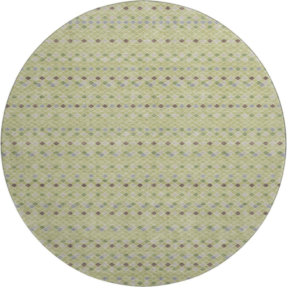 HomeRoots 8' Round Washable Artichoke Green Gray Silver Striped Area Rug with UV Protection for Homes 693507