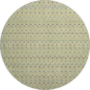HomeRoots 8' Round Washable Artichoke Green Gray Silver Striped Area Rug with UV Protection for Homes 693507