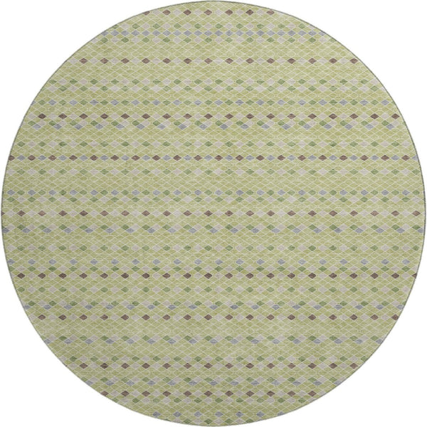 HomeRoots 8' Round Washable Artichoke Green Gray Silver Striped Area Rug with UV Protection for Homes 693507