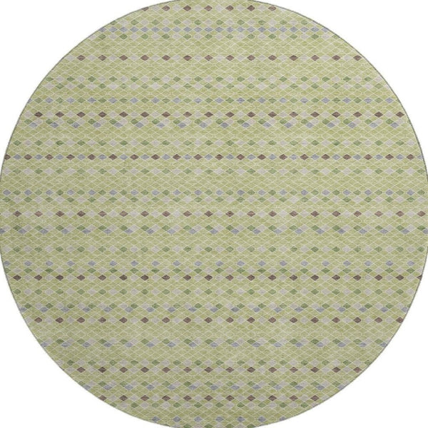 HomeRoots 8' Round Washable Artichoke Green Gray Silver Striped Area Rug with UV Protection for Homes 693507