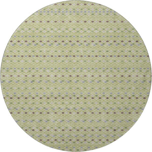HomeRoots 8' Round Washable Artichoke Green Gray Silver Striped Area Rug with UV Protection for Homes 693507