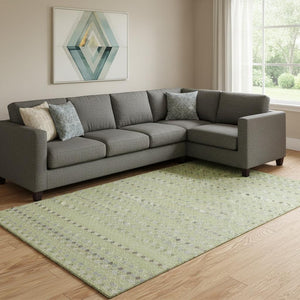 HomeRoots 8' Artichoke Green Gray Silver Striped Washable Area Rug with UV Protection & Non-Slip Backing 693508