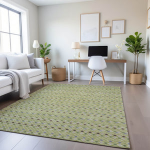 HomeRoots 9' X 12' Artichoke Green and Silver Striped Washable Area Rug – Durable, UV-Protected, and Stylish! 693509