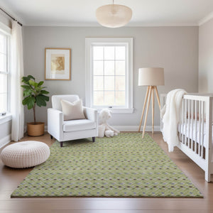 HomeRoots 9' X 12' Artichoke Green and Silver Striped Washable Area Rug – Durable, UV-Protected, and Stylish! 693509
