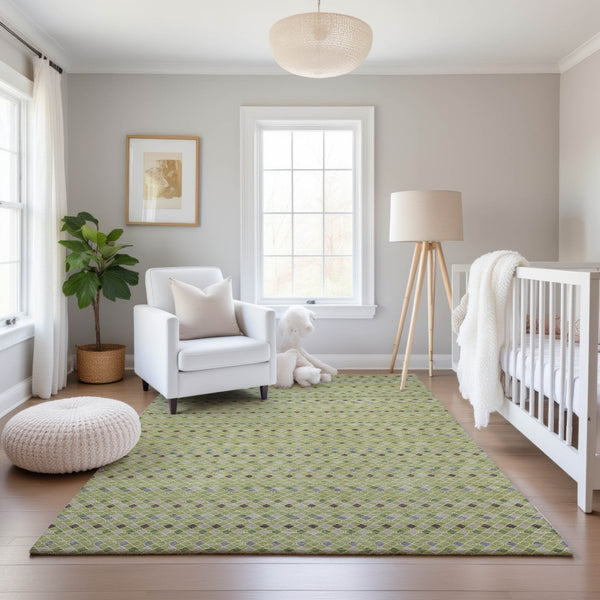 HomeRoots 9' X 12' Artichoke Green and Silver Striped Washable Area Rug – Durable, UV-Protected, and Stylish! 693509